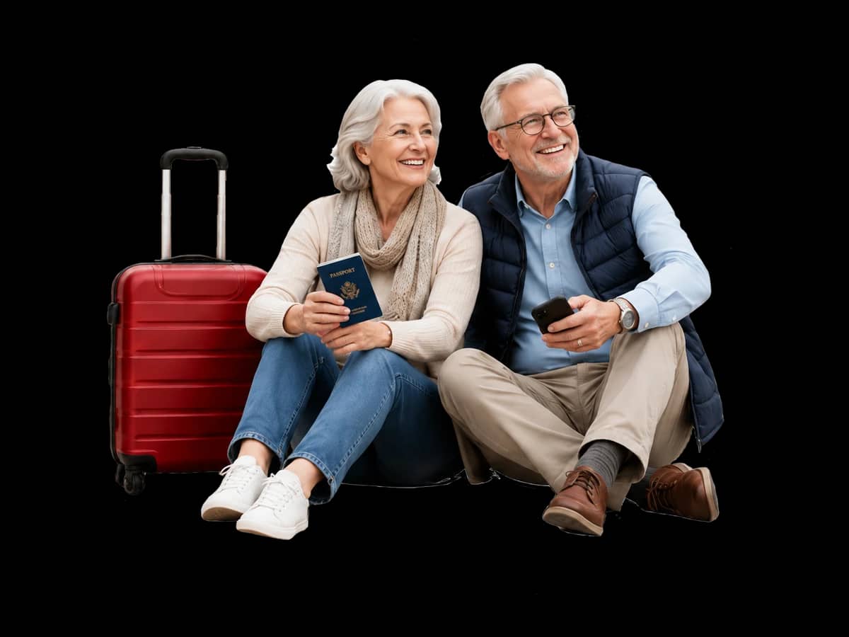 Retired couple with passport, phone and suitcase ready to travel