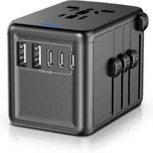 Universal Travel Adapter Offers 5.8A 3X 3.0A USB-C Ports, 2X 2.4A USB-A Ports and Multi AC Outlet, All-in-One International Power Plug Adaptor Worldwide Charger for EU US UK AU 200+ Countries