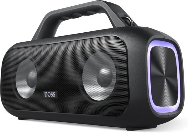 DOSS Extreme Boom S Wireless Portable Bluetooth Speaker with 60W Stereo Sound, Rich Bass, IPX6 Waterproof, 25H Playtime, Power Bank, TWS, LED Lights, Outdoor Speaker for Camping,Beach, Pool-Black